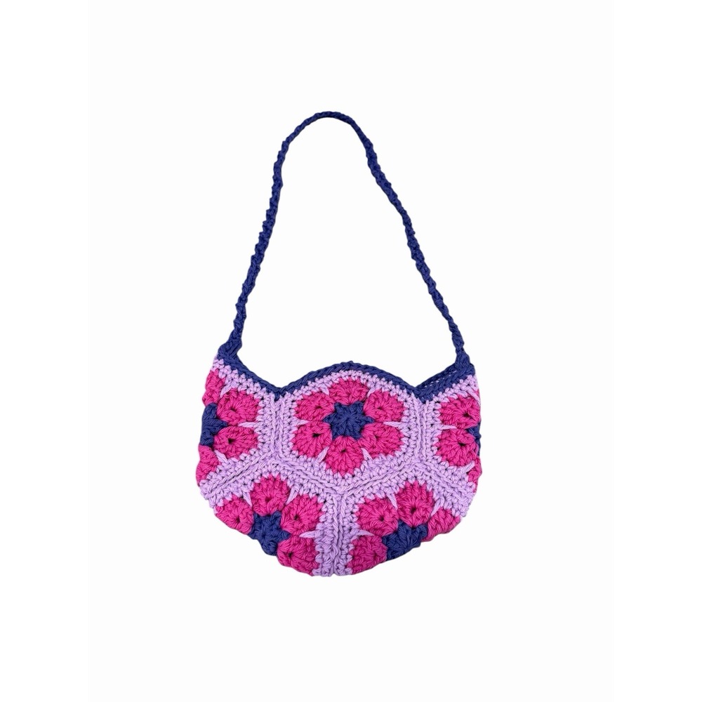 NEW Handmade Crochet Handbag pink purple flowers shoulder purse small